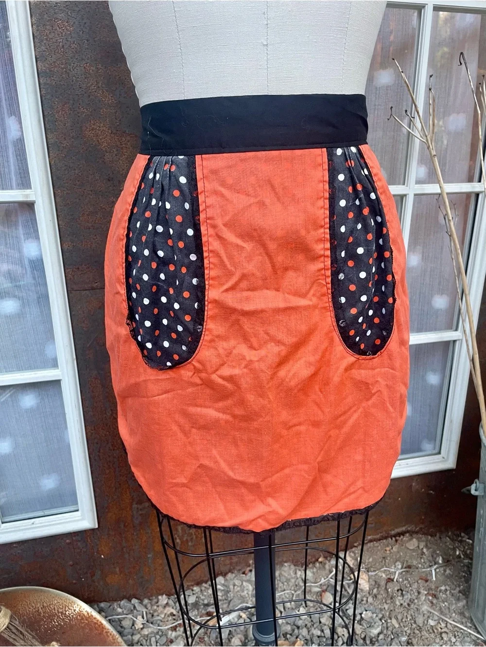 Vintage Orange and Black Polka Dot Half Apron - Kitchen Linen
